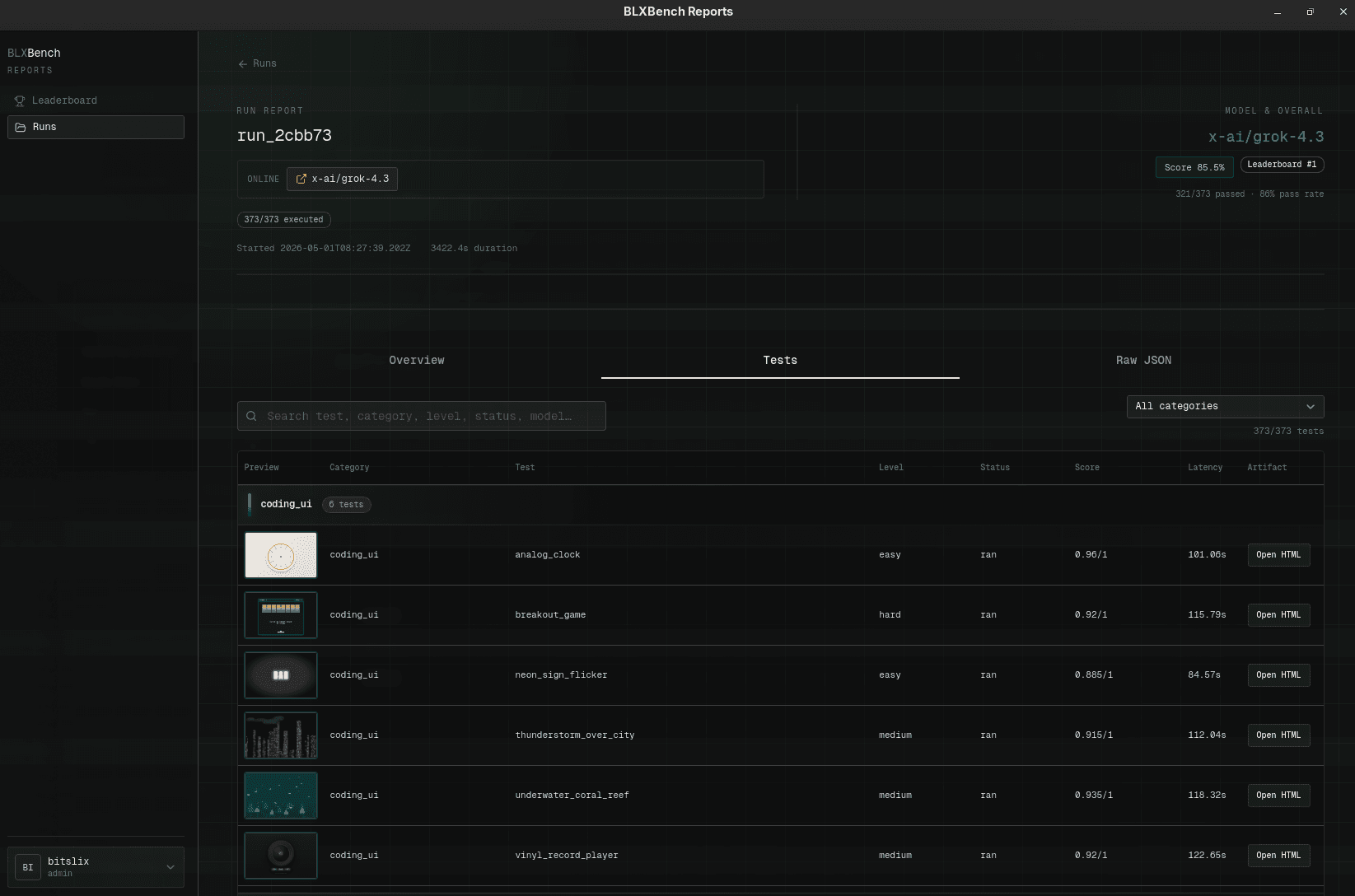 Run report — Tests tab (search, filters, and previews)
