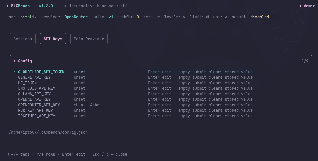 Config overlay — API Keys tab